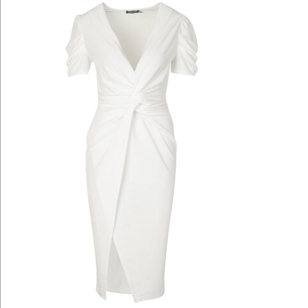 🆕 Short Sleeve White Ruched Midi Dress